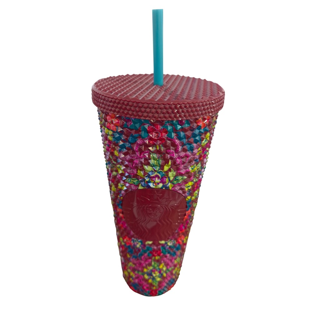 Starbucks Studded Cold Cup Tumbler Magenta Multicolor Mosaic Geometric 24oz